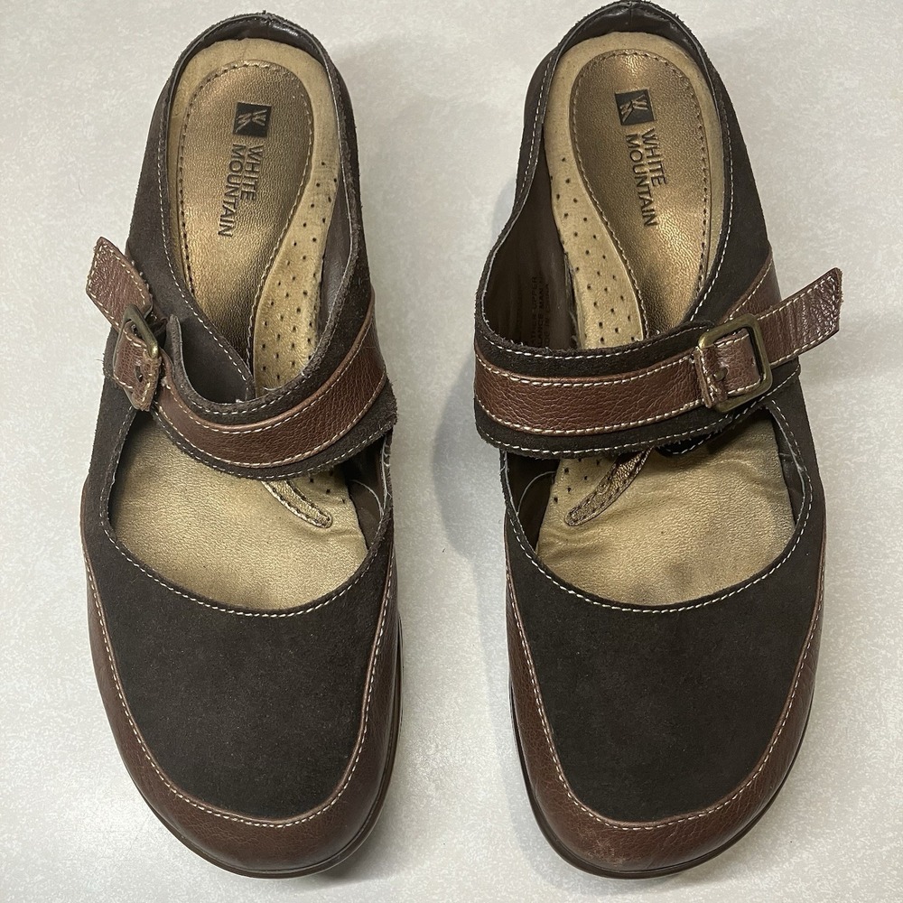 Boho White Mountain Mule Mary Jane Brown Suede Wedge Clogs Buckle Strap Size 9 - Picture 3 of 11
